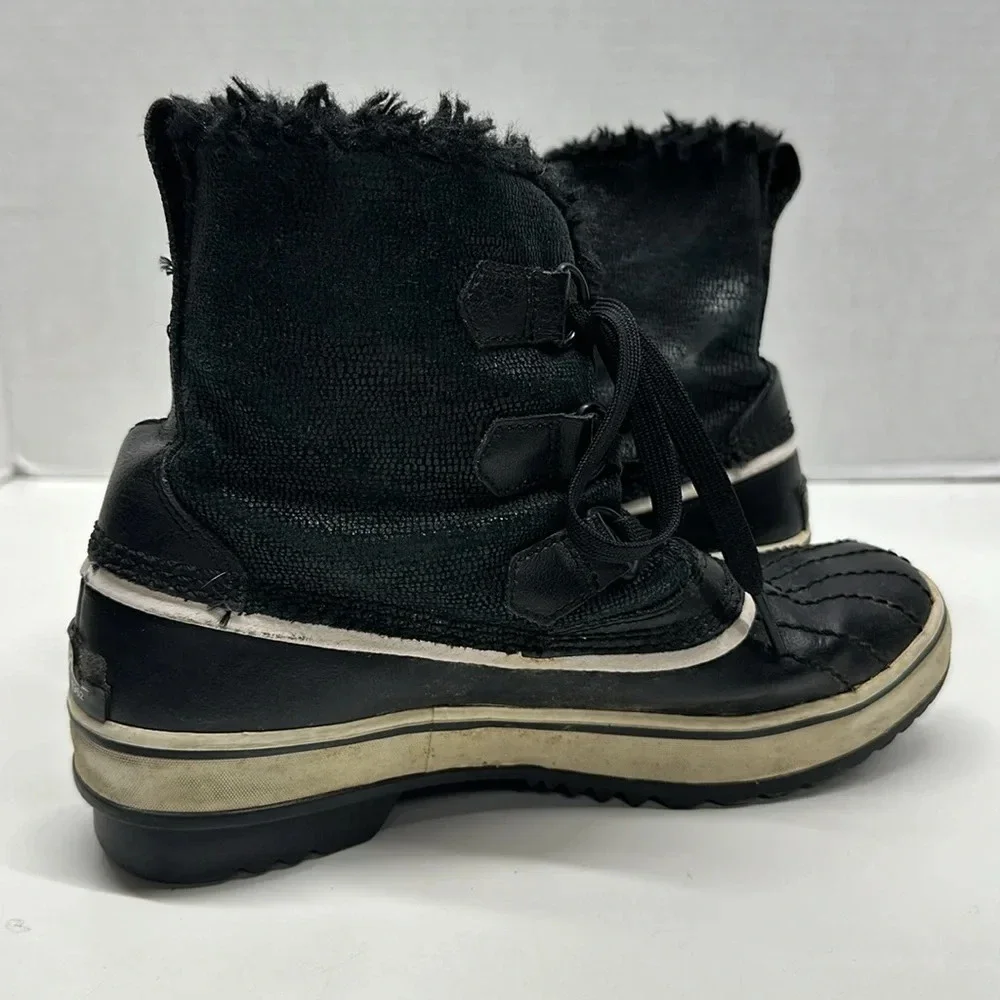 Sorel Tivoli Boots Snow Winter Leather Faux Fur Waterproof Black Womens Size 6